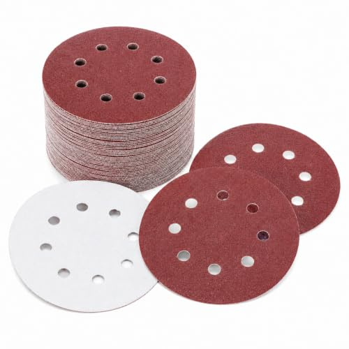 HIUOUIH Disques Abrasifs 125 mm à Dos Auto-Agrippant Lot 100 Pièces Grain P120, Papier Abrasif 8 Trous pour Ponceuse Excentrique, Préparation Surface Bois Métal Vernis Plastique Mastic Peinture