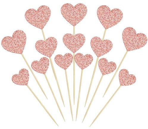 Gyufise 30Pcs Heart Cupcake Toppers Glitter Sweet Love Cupcake Picks Valentine's Day Cake Decorations for Wedding Engagement Bridal Shower Birthday Valentine's Day Party Supplies Mixed Size Rose Gold