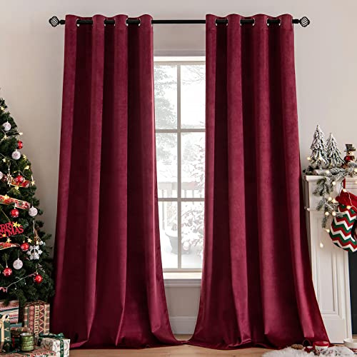MIULEE Burgundy Red Velvet Curtains for Bedroom 2 Panel Set 90 Inch Drop Curtains, Soft Elegent Home Decor Velvet Curtain Living Room, Sun Blocking Room Darkening Thermal Eyelet Curtain 66x90 Inch