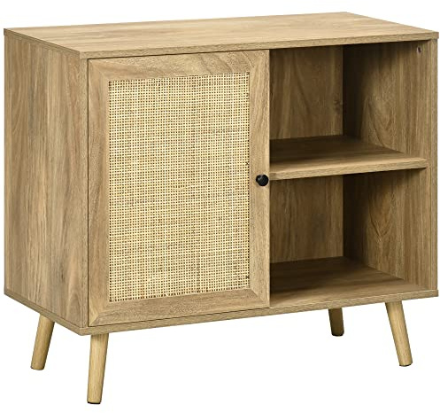 HOMCOM Aparador de Cocina con Puerta de Ratán 80x39x70 cm Natural | Buffet de Salón, Mueble Auxiliar de Cocina, Aparador Pequeño Salón, 2 Estantes de Almacenaje