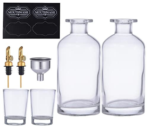 Abonda Mouthwash Dispenser, 350ml Clear Glass Bottle with Pour Spout, Shot Glass, Funnel and Labels, Bathroom Mouthwash Container for Oils, Lotions, Liquid Soaps
