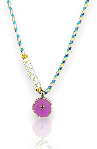 happymaker - Boho Schmuck Damen, Sommer Kette Damen mit Buchstaben und Anhänger • Love • Halskette lila handmade, größenverstellbar, Surferkette für Frauen und Mädchen