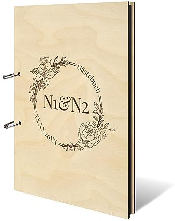 Personalisiertes Hochzeit Fotoalbum echtes Holz DIN A4 Hochzeitsbuch mit Lasergravur - Blumen Initialen - mit 25 Blatt / 50 Seiten Fotokarton Schwarz