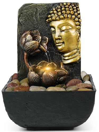 Ferrisland Fuente de mesa de cascada de Buda y loto con luz LED, perfecta para decoración zen del hogar y la oficina (dorado)