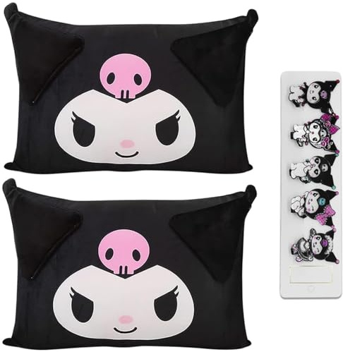 Cartoon Cute Pillowcase Anime Double Sided Plush Pillowslip Girl Bedroom Decoration Kawaii Cotton Pillowcase, Cute Hairpin (Black+Black)