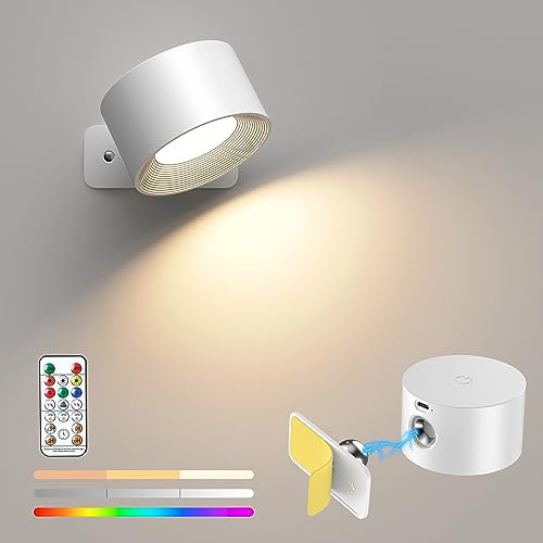 Mexllex Battery Operated Wall Light with 16 RGB Lights, Rechargeable Wall Lamp with Remote Control, 360° Rotatable Wall Sconce Wireless Reading Light, Magnetic Bedside Wall Lamp, White