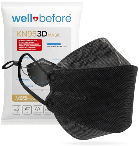 Well Before 3D KN95 Disposable Face Masks with Adjustable Ear Loops, Medium, Black, Pack of 10