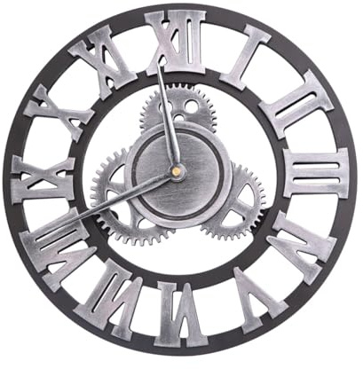 Industrielle Holz Wanduhr mit Metall und Zahnradmuster für Wohnzimmer | Silberfarben, Leicht zu Montieren und Abzunehmen, Dekorativ für Küche und Wohnraum im Industriellen Stil