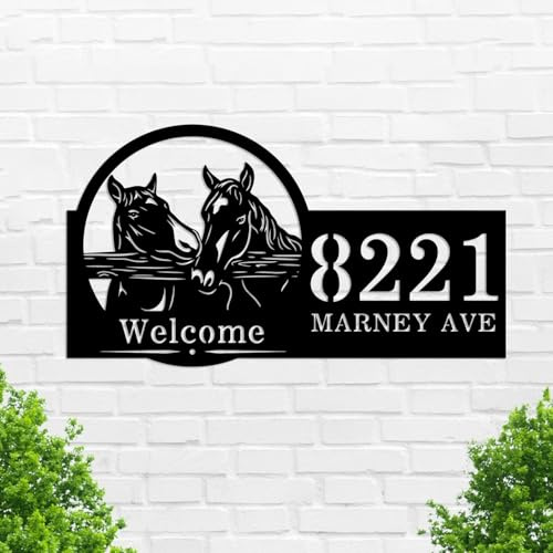 Goodqueen Custom Horse House Number Address Sign, Personalized House Welcome Sign Metal Address Plaque, Customized Horse Stable Sign Farmhouse Wall Decor Sign Horse Family Name Art Front Door Sign