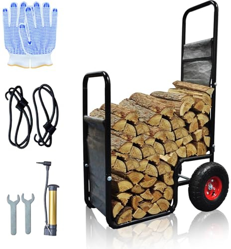 Doublehorse Kaminholzwagen, 68,6 x 50,8 x 111,8 cm, Stahl, pneumatische Räder, Grau | Robustes, wasserdichtes und tragbares Aufbewahrungsregal aus Metall für Outdoor, Camping, Hinterhof, Kamin, Innenbereich