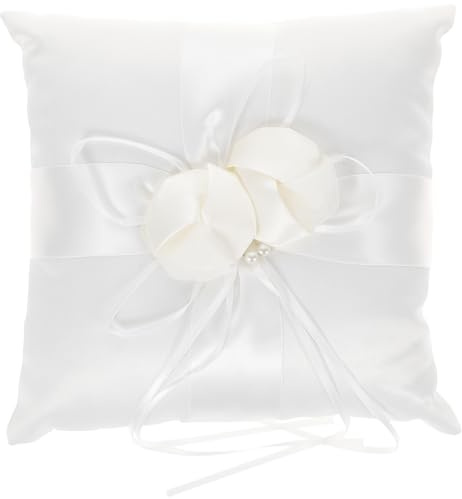 VILLCASE Wedding Ring Pillow 8 Inch Satin Ring Cushion with Faux Pearl and Ribbon White Flower Bud Design for Bearer at Ceremony and Party
