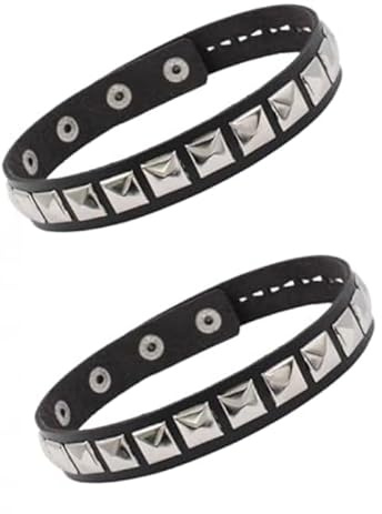2 pulseras punk de cuero con tachuelas para hombres y mujeres de los años 80, collar cuadrado de cuero lado a lado, accesorios punk, pulsera rock, brazalete negro con tachuelas plateadas, perfecto