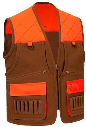 BASSDASH Multi Pockets Upland Field Bird Hunting Vest Blaze Orange Brown Water Resistant Rip Stop for Men Women, Brown/Blaze Orange, XL
