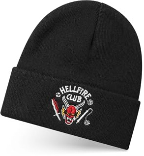 Stranger Things Unisex Beanie Mössa i svart | Stickad vintermössa med broderad Hellfire Club-logotyp för män och kvinnor | Vuxna en storlek varm hatt | Netflix TV-show varor gåva, Svart, one size