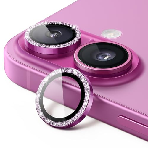 JETech Pellicola Protettiva Fotocamera per iPhone 16/16 Plus, Rosa, 1 Set | Bling Glitter Singolo, Vetro Temperato 9H, Cover Anello Metallico, HD Trasparente