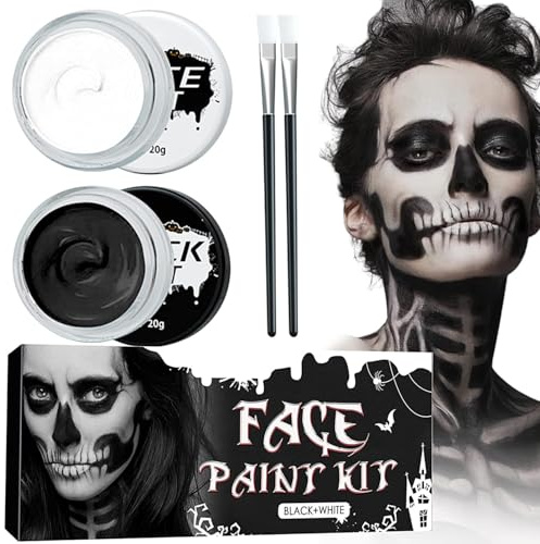 Halloween Face Paint, Black and White Face Paint, Halloween Makeup Kit with Brush, Suitable For Body, Face, Stage Makeup, Create Halloween Makeup