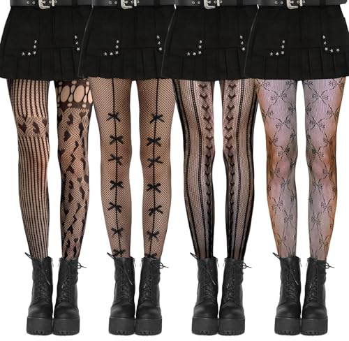 4 Stück Netzstrumpfhose Schwarz, Strumpfhosen Damen Muster, Hohe Taille für Damen, Gemusterte Sexy, Fishnet Stockings, Dehnbare Netzstrümpfe