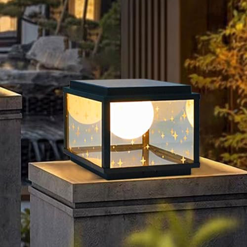 DLAZUM Außenpfostenleuchte, Schwarze quadratische Säulenleuchte, Außensäulenleuchten, Außensäulenlampe, Zaundeckkappenleuchte, festverdrahtete Pfostenkappenlaterne mit Glas für,40cm