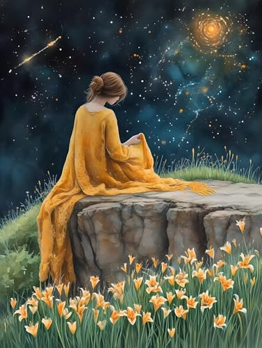 Pintar por Numeros Mujer Cielo estrellado Pintura por Numeros Niños, Manualidades para Adultos Kit de Pintura al óleo de Lienzo para con Pinceles, Decoración Hogar Regalo 20x30cm (Sin Marco) q-820