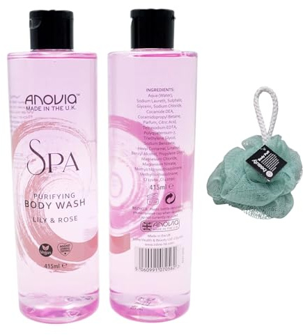 Anovia Spa Purifying Body Wash Lily & Rose Vegan Friendly 2 PACK 415ml With Free Beauty Body Puff(Any Colour)