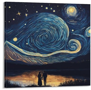 XFPMXC Kunstposter Sternennacht, See, Romantik, dekoratives Gemälde, Leinwand, Wandkunstwerk, Bild, 60 x 60 cm