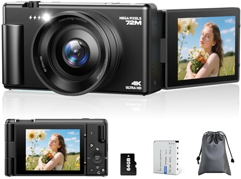 Digital Camera 4K, 72MP Autofocus Vlogging Camera for Youtube with 2.8 270°Flip Screen, 4K Compact Digital Cameras With 64GB Card 18X Digital Zoom For Beginner, Teenagers
