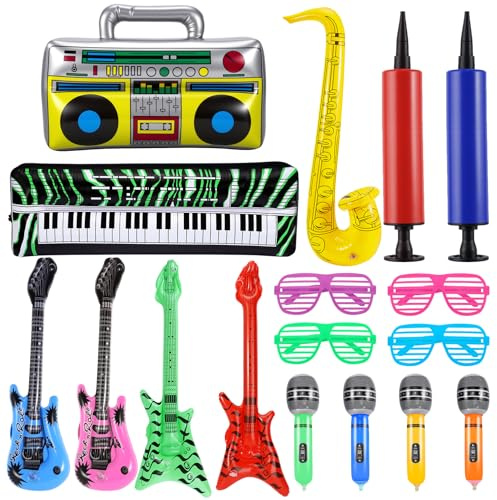 Cptoion 17 instrumentos inflables, accesorios inflables para fiestas para niños, guitarra aérea, saxofón, micrófono, altavoz beth, gafas de sombreado, instrumentos musicales inflables para decoración