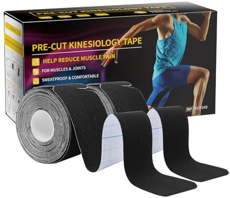 Dimora Kinesiology Tape 5 cm x 5 m, 40 Count Precut Strips 2 Rolls, Original Cotton, Elastic Athletic Tape for Muscle Pain Relief and Joint Support, Black