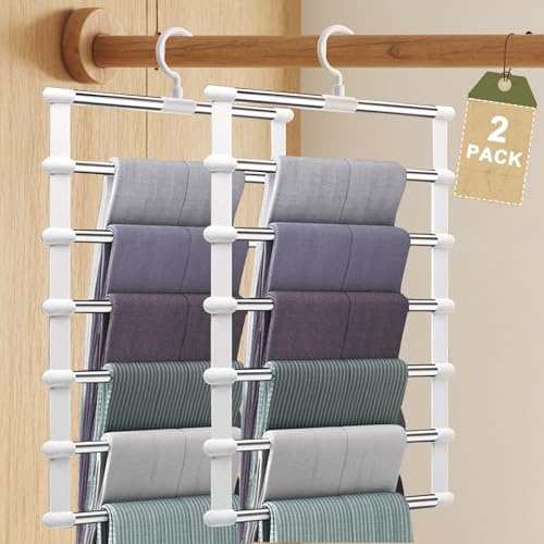 Hosenbügel Platzsparend 2 Stück 6 Etagen Kleiderbügel Hosen Bügel Faltbare Rutschfest Hosenständer Hosenaufhängung aus Edelstahl, Hosenhalter für Hosen,Röcke,Schals,Handtücher,Krawatten und Gürtel (2)