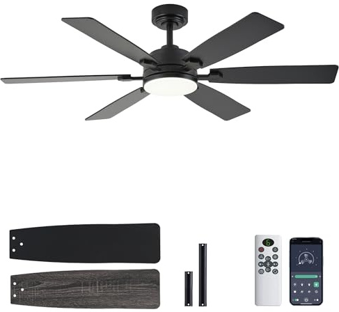 lspmke Ceiling Fan with Light and Remote, 52 Inch Ceiling Fans with Lights, Downrod Mount, Reversible DC Motor, 3CCT, Dimmable, Quiet, Black Ceiling Fan for Bedroom, Livingroom Indoor/Outdoor Use