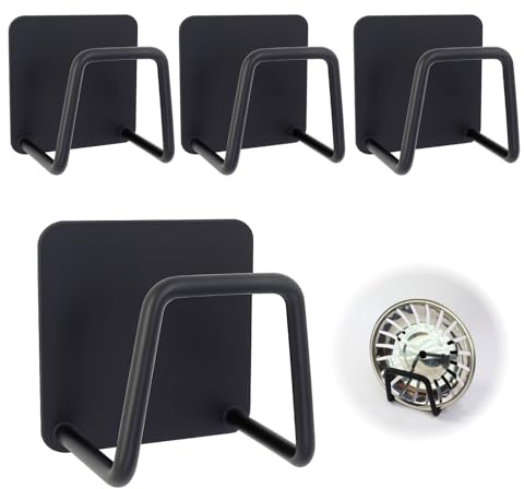 Icyowls 4 Stück Schwammhalter Küche, Edelstahl Schwammhalter Ohne Bohren, Sponge Holder Kitchen Sink, Wandmontage Spülbecken Organizer für Schwämme und Bürsten, Schwarz