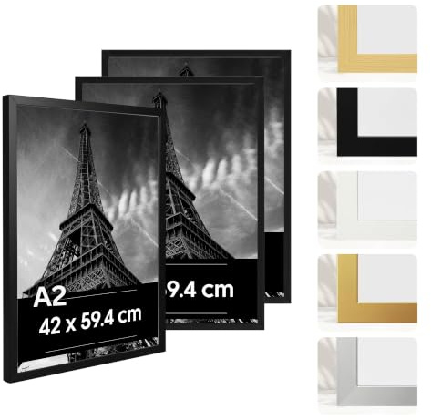 Estancia 3 Stück A2 Bilderrahmen aus Schwarzem Kunststoff – 3er-Pack 42x59,4 cm (A2) Rahmen mit Bruchsicherem Acrylglas – Moderner Fotorahmen für Wände, Tische, Zertifikate, Poster und Schlafzimmer
