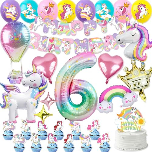 Einhorn Deko-Set Kindergeburtstag 6 Jahre - Komplettes Party Set mit 4D Luftballons, Banner & Tortendeko - Geburtstagsdeko für Mädchen, Einhorn Geschenk