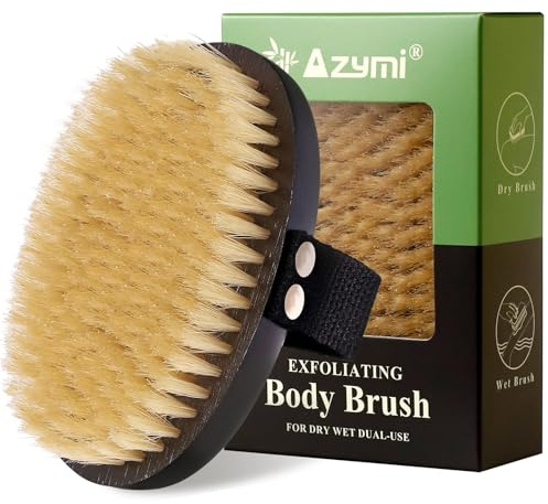 Lymphatic Drainage Massager, Azymi Dry Brush Body Scrubber Shower Brush 100% Natural Thick Bristles Exfoliate Dead Skin, Detoxify, Improve Blood Circulation, Dry & Wet Brush Dual Use 1-Pack Oval