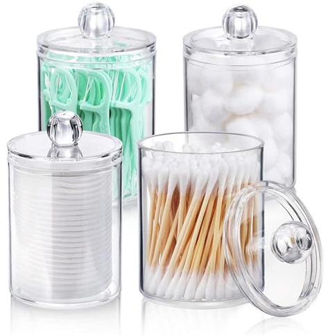Tharvolex Clear Plastic Cotton Bud Holder 10 Oz Bathroom Jars with Lids - 4 Pack for Cotton Pads and Balls