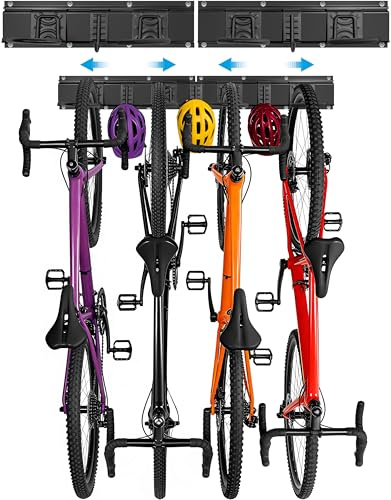 OUUTMEE Bike Storage Rack, Adjustable Wall-mounted Bike Rack | 32 Inch for 4 Bikes + 2 Helmets Up to 300lbs, Heavy Duty Bicycle Hangers Hooks for Garage, Home, Black