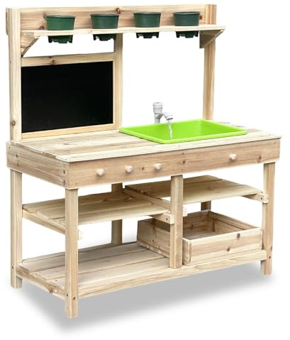 Mud Kitchen Playset for, Outdoor Wooden Toy Play Kitchen Set for Boys and Girls, Kitchen Accessories and Garden Sink with Faucet, Blackboard (Natural)