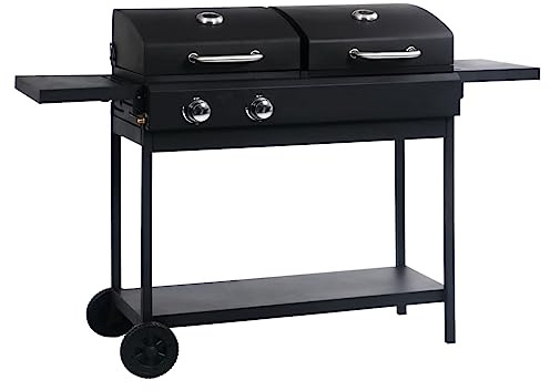 sephironlbb Barbacoa de gas y carbón vegetal con 2 quemadores, acero con recubrimiento en polvo, 148,5 x 53 x 101,5 cm, estantes plegables, termómetro, portátil, para balcón, terraza, camping, bajo