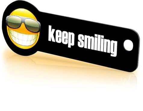 Einkaufswagenlöser ® Keep Smiling/Entriegler für Einkaufswagen – inkl. 1 Jahr Schlüsselfundservice/Einkaufswagenchip abziehbar/Einkaufschip zum rausziehen/Schlüsselanhänger Metall / 1 Stück