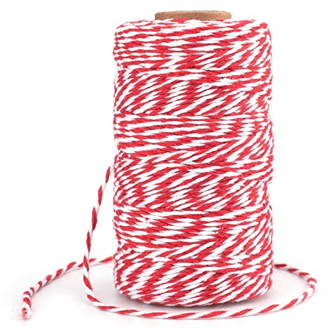 G2PLUS Rot Weiß Baumwollschnur, 2mm Geschenkschnur zum Einpacken von Geschenken, 100m Weihnachten Bastelschnur, Zweifarbige Dekoband Kordel für Adventskalender Weihnachten Geschenke Verpackt