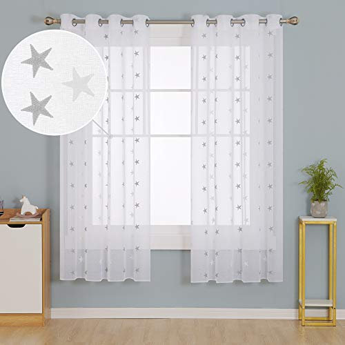 Deconovo Set di 2 tende in voile ricamate a stella con occhielli, per finestre, tende da ragazza, in tessuto, 140 x 180 cm, colore: bianco e grigio