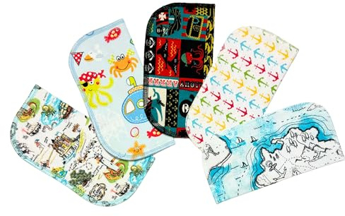 1 Ply Printed Flannel Little Wipes 8x8 Inches Set of 5 Pirates and Friends - Proudly Made in the USA!