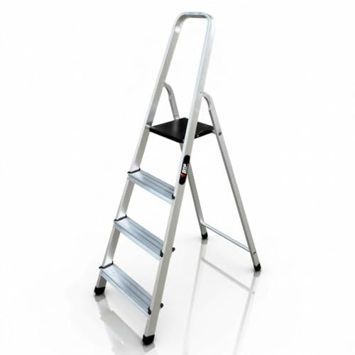 BTF Escaleras Plegables Aluminio de 4 Peldaños | Altura de Trabajo 2,6m y Carga Máx. 150kg | Escalera Plegable de Tijera con Peldaños Antideslizantes | Hecho y Certificada en Europa