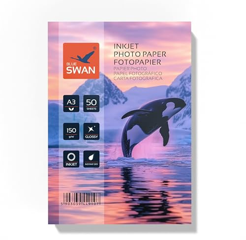 Blue SWAN A3 Glansigt Bläckstråle Fotopapper, 150 g/m², Enkelbelagd, Snabbtorkande, Vattenresistent, Reptåligt, Hög Färgbriljans, DIN A3 (297 x 420 mm), 50 Ark