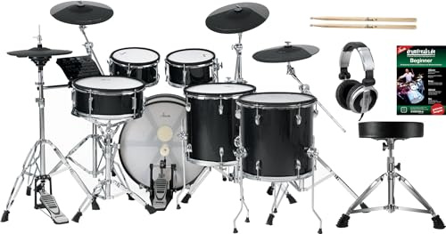 XDrum DD-670 PLUS Mesh E-Drum Kit - elektronisches Schlagzeug mit echter HiHat und Holzkesseln - 20 Kick-Pad - 720 Sounds - inkl. Hardware - Hocker, Kopfhörer, Sticks & Schule - Black Sparkle