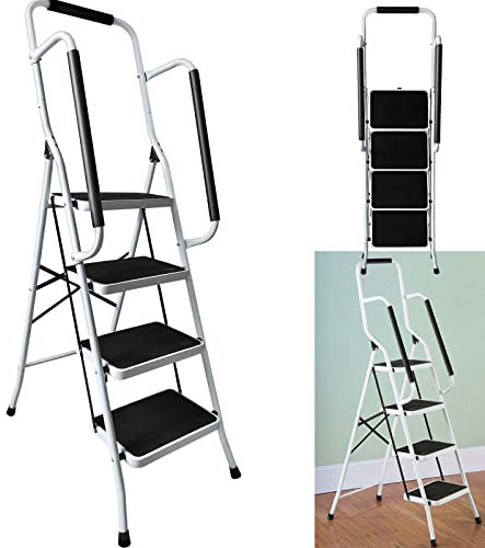 Trittleiter 4 Stufen Klappbar mit Handlauf, Stahl Klapptritt Klapptreppe Haushaltsleiter bis 150 kg mit Anti-Rutsch Matten für zu Hause Büro Küche