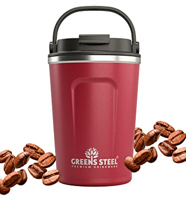 Greens Steel Taza de Café Reusable - 350ml, Roja I Termo Café para Llevar con Tapa y Asa I Antifugas, Taza Aislado en Acero Inoxidable para Bebidas Calientes y Frías I Té, Café, Bebidas Frías
