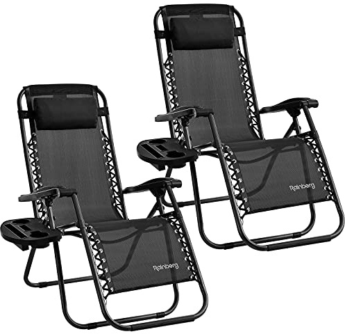 Rainberg Zero Gravity Chair, Heavy Duty Textoline, Outdoor & Garden Sunloungers, Reclining & Folding Chair with Cup Cup And Phone Holder Plus Headrest Pillow