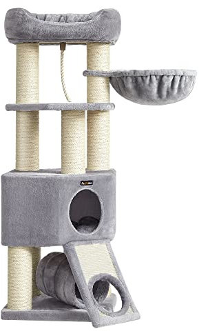 Feandrea Großer Kratzbaum, M Katzenbaum, mit Höhle, Hängematte, Plüschplattform, Tunnel, Sisalstämme, Kratzbrett, 50 x 50 x 141 cm, hellgrau-naturfarben PCT002N01