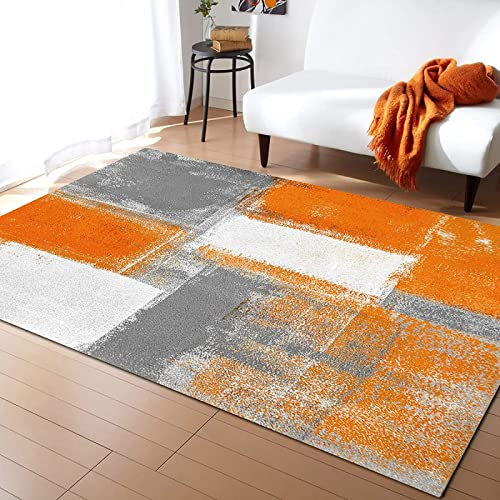 SRTJURFG Moderner Kurzflor Teppich Rechteckig rutschfeste Teppich Abstraktes geometrisches Ölgemälde Orange für Wohnzimmer, Kinderzimmer Corridor Läufer Groß Schutzmatten 80 x 200 cm